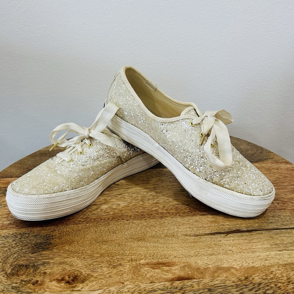 Keds x Kate Spade New York Triple Glitter Ivory Gold Platform Sneakers Women's 9